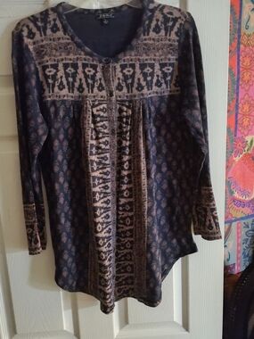 Lucky Brand Indigo & Tan Printed Button-Front Tunic